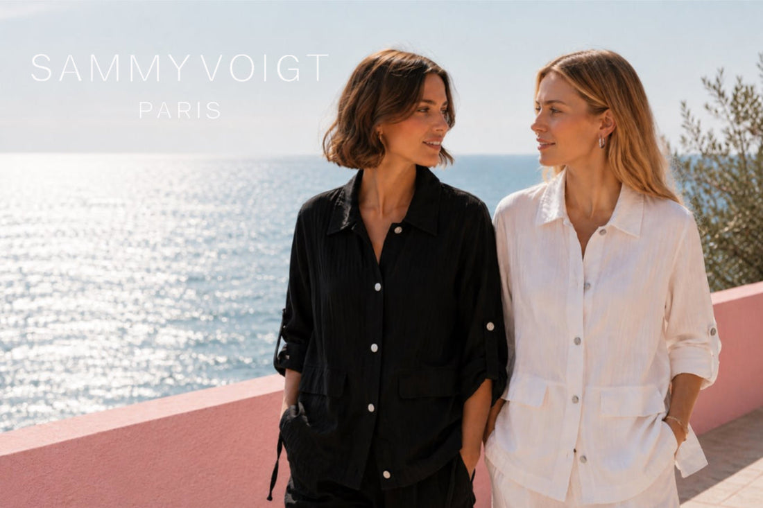 2 female models wear parkes from the SS26 Sammy Voigt Paris collection in the Cote d'Azur