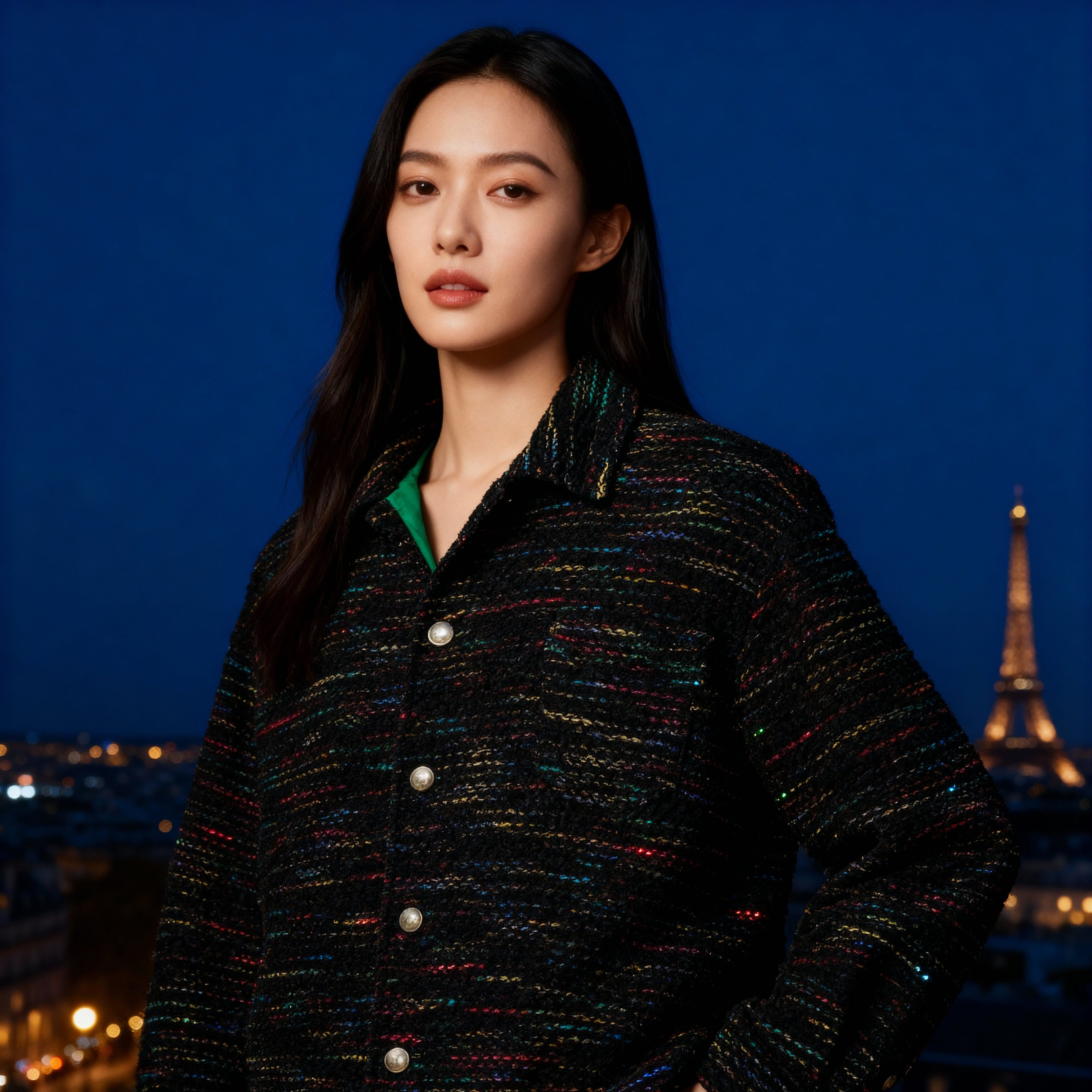 model wears a black tweed jacket with colorful details in Paris
