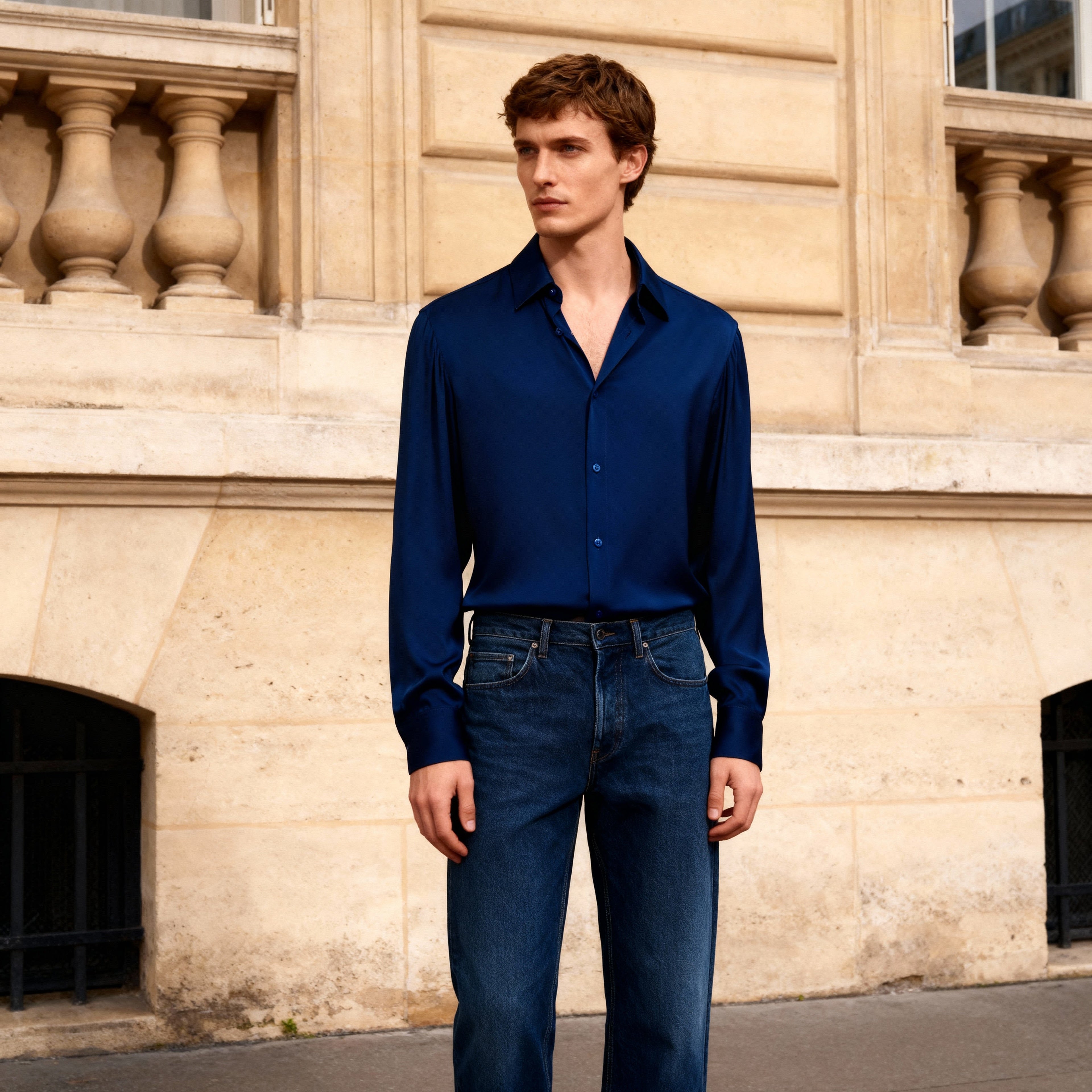 male model wears Sammy Voigt Paris blue silk shirt with jeans