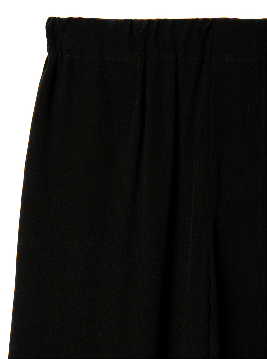 Close-up of black silk pants with a white background