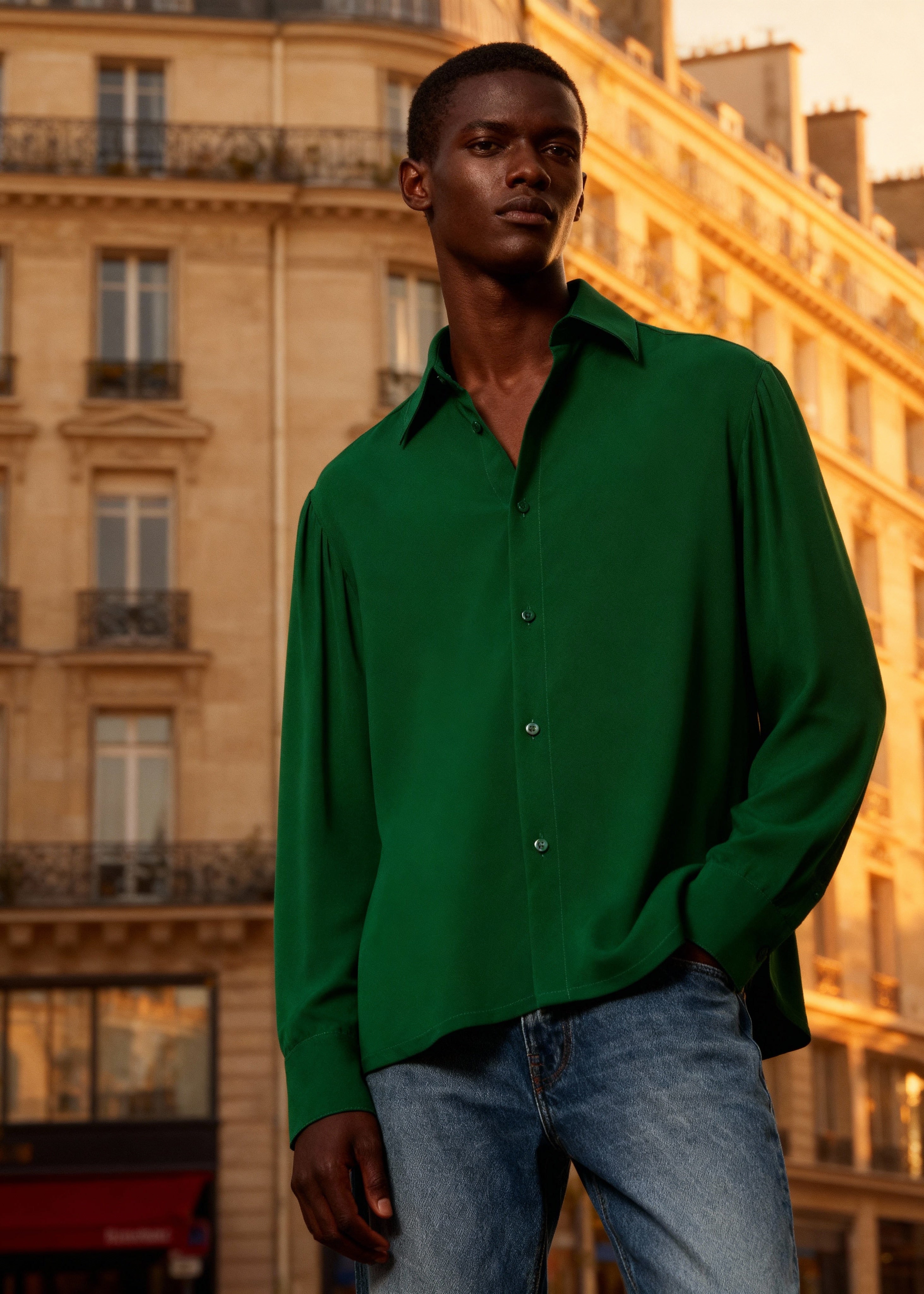 male black model wears green silk shirt with jeans in a street