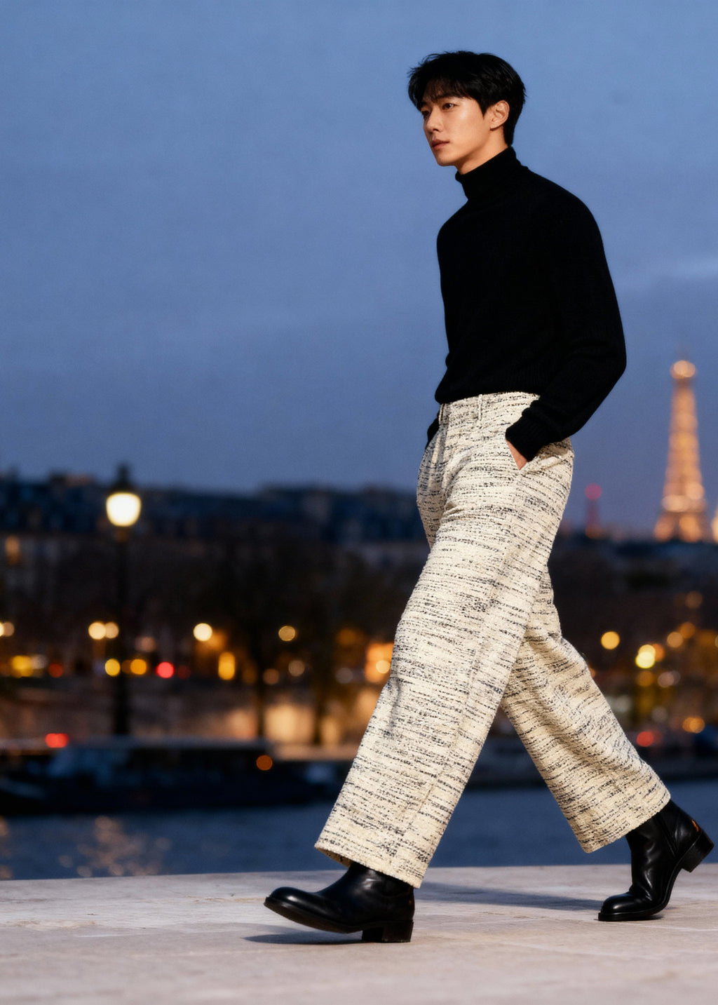 Man walking with the Eiffel Tower in the background at dusk, he wears tweed beige trousers
