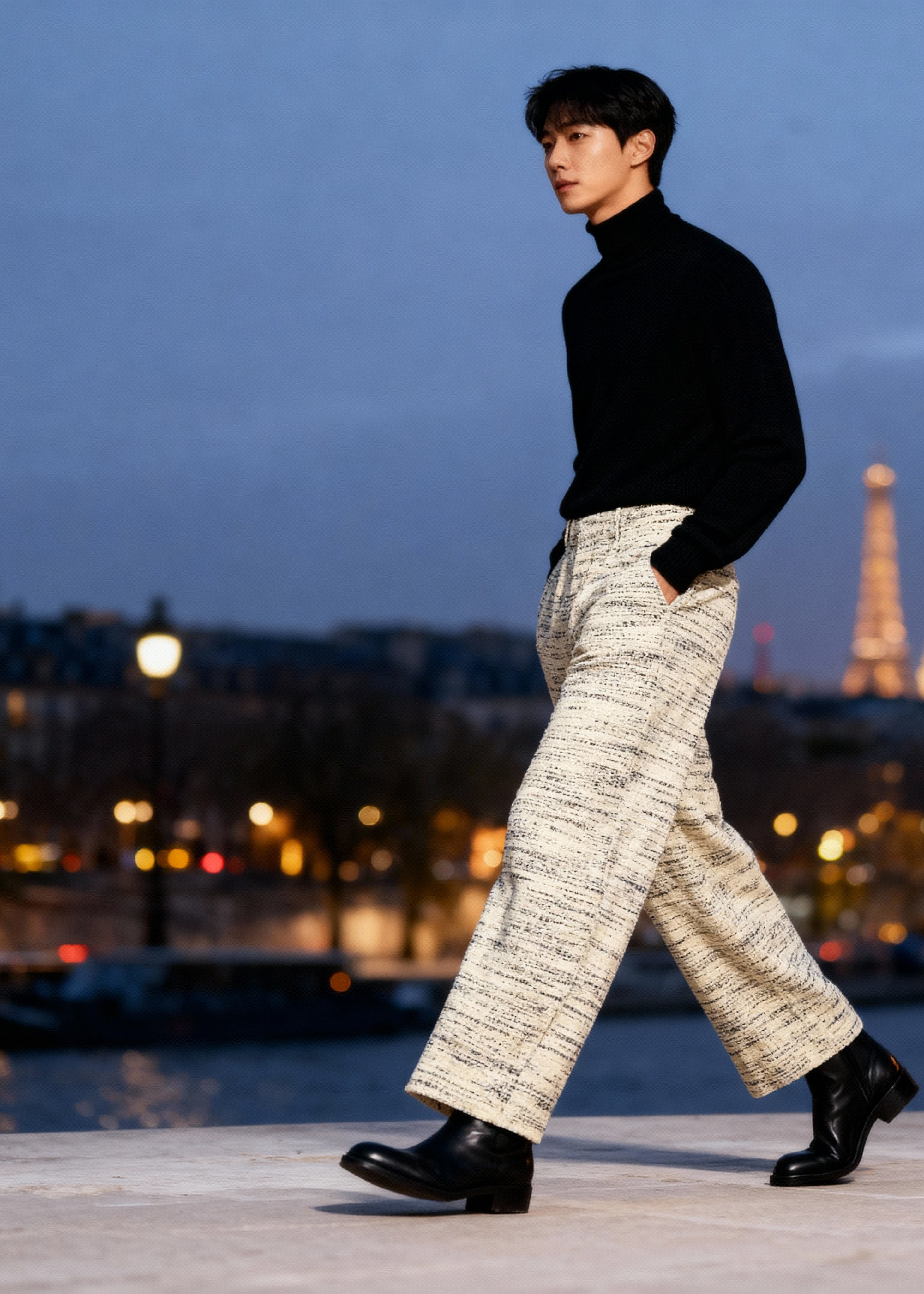 Man walking with the Eiffel Tower in the background at dusk, he wears tweed beige trousers