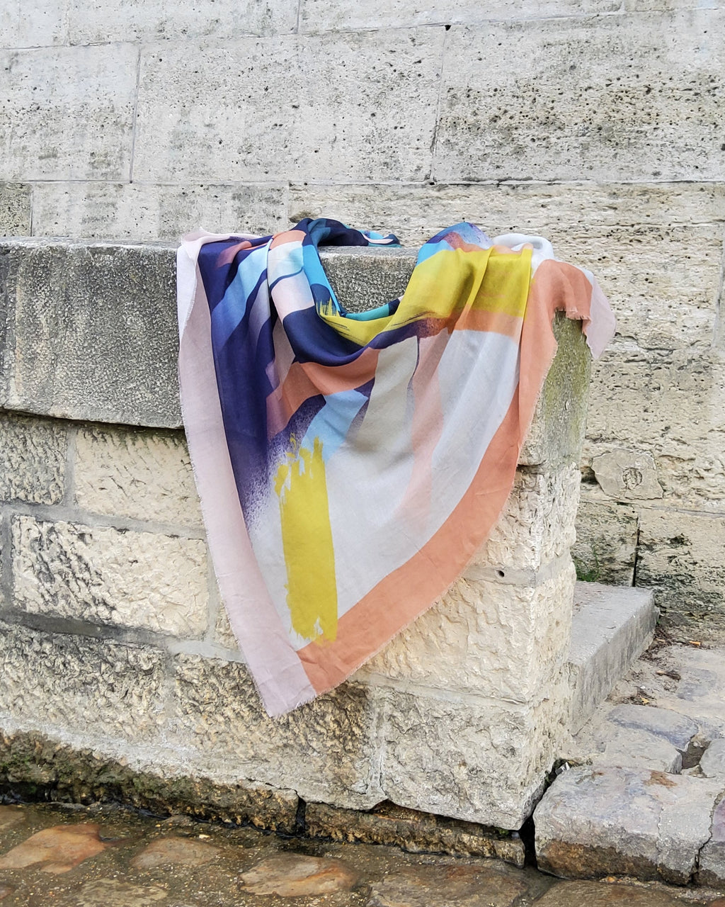 color strokes print in multi color effect on a squere scarf