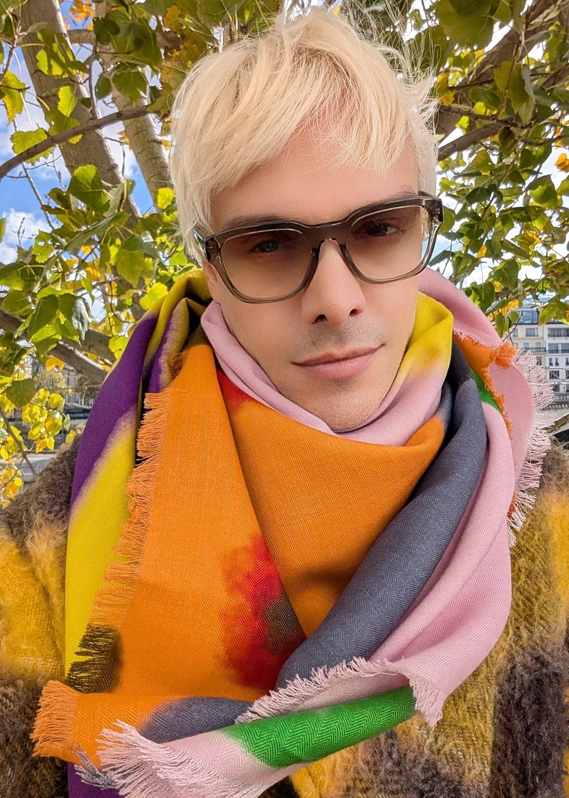 sammy voigt wears a large cashmere colorful foulard