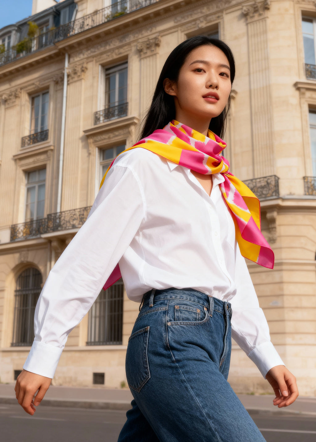 korean model wears a silk scarf in yellow pink around her neck