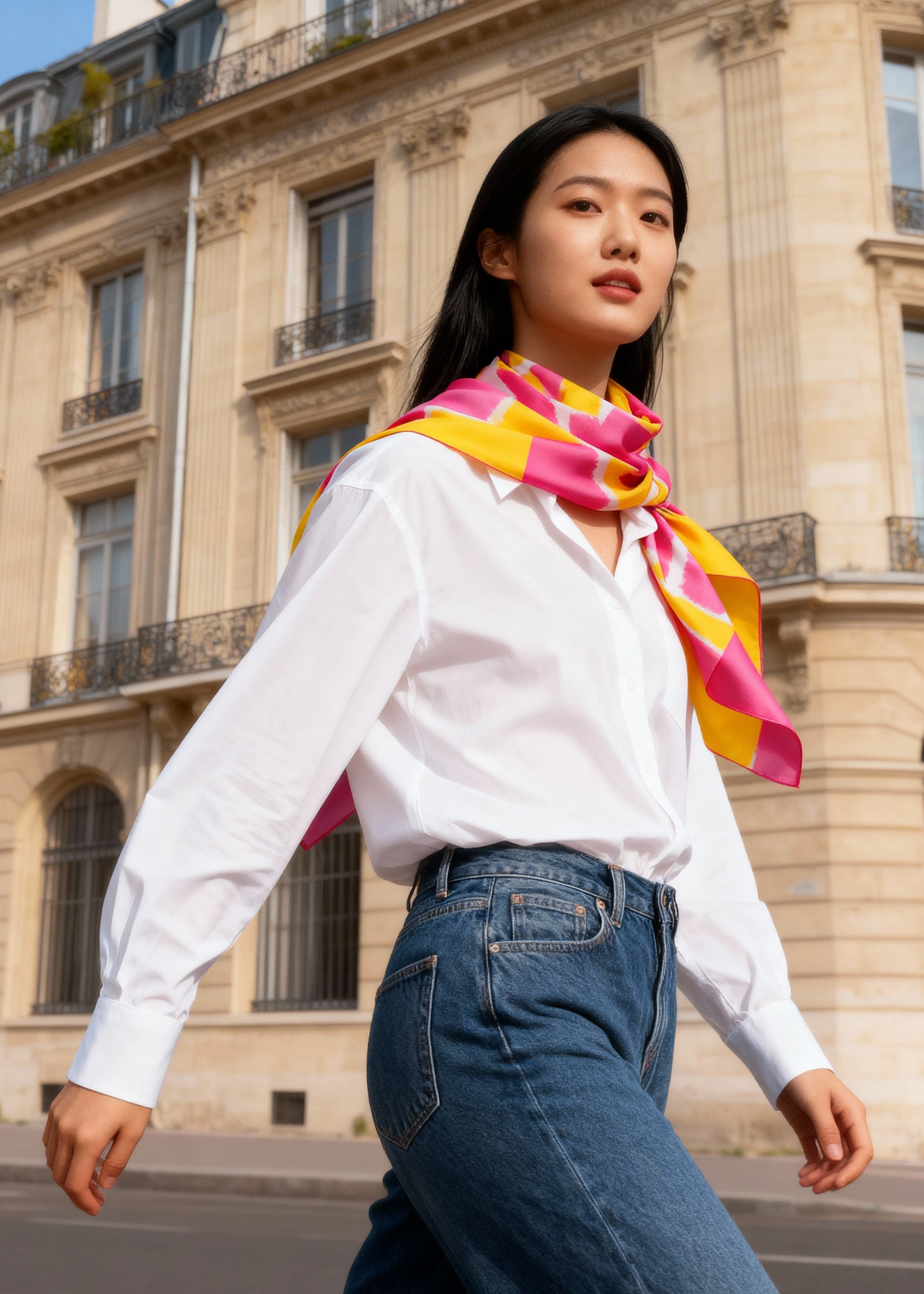 korean model wears a silk scarf in yellow pink around her neck