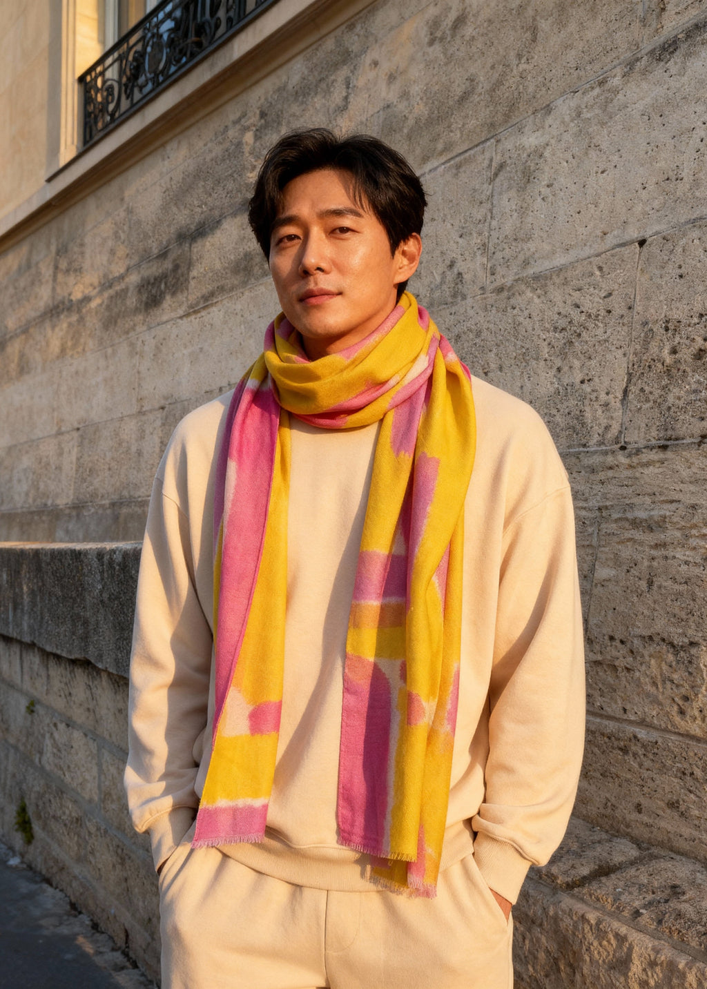 asian male model wears a pink and yellow scarf around the neck