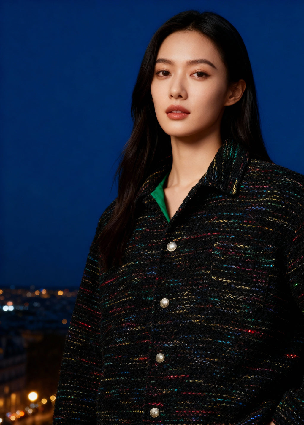 Woman wearing a tweed jacket with the Eiffel Tower in the background